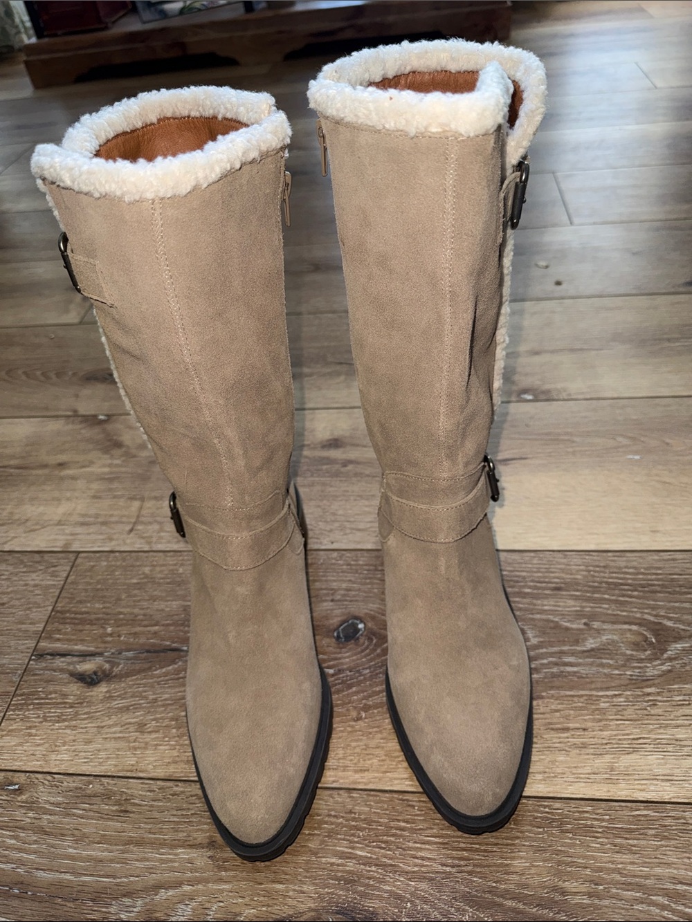 Lucky Brand Jacoba women's mid-calf boots in a dune tan oiled suede US 8.5